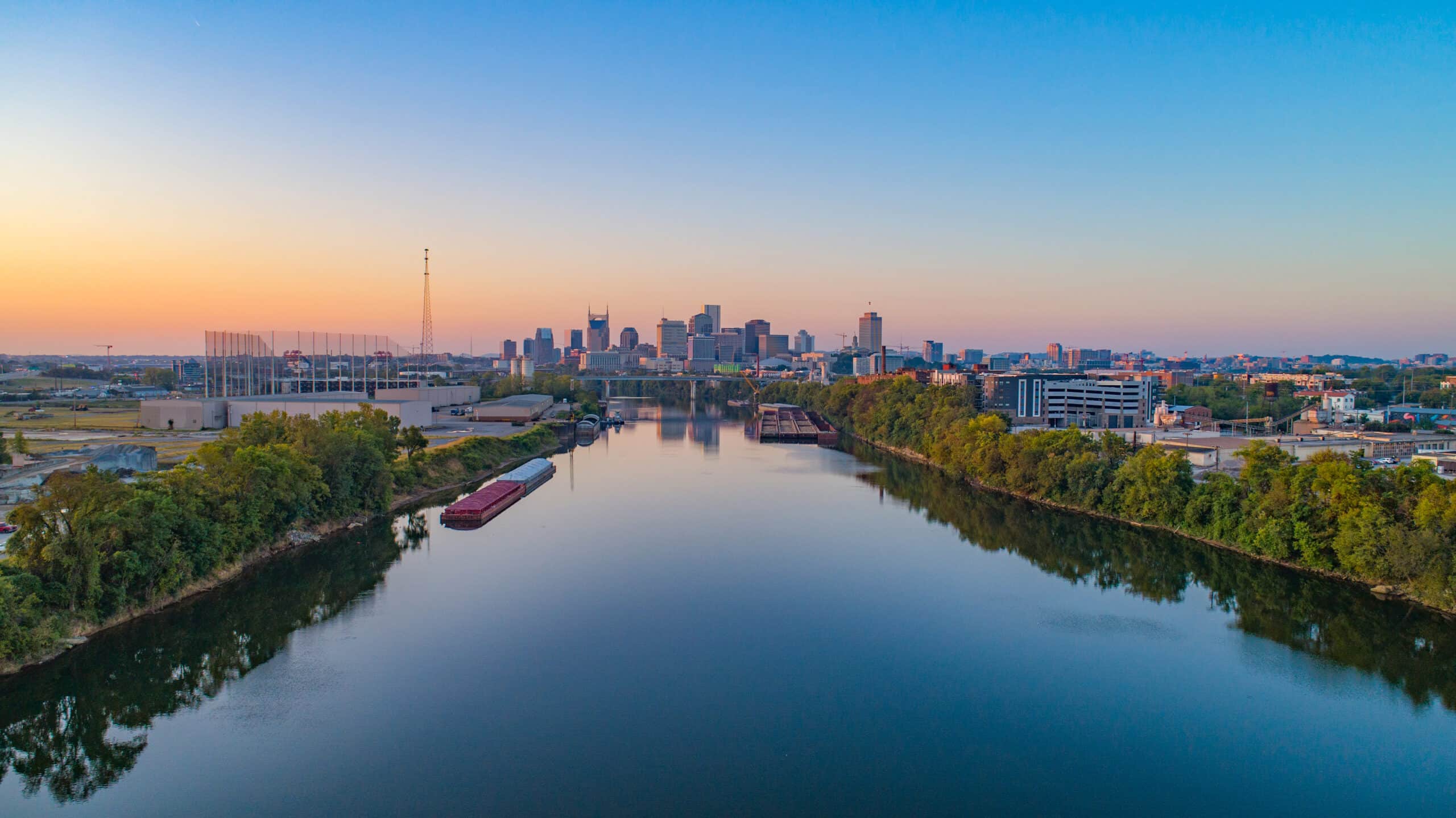 Nashville, Tennessee, USA Skyline Aerial and Cumberland River.
