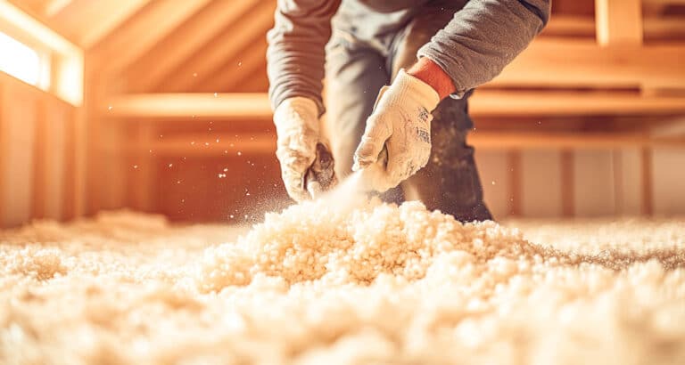 A close-up of a worker's gloved hands spreading loose-fill insulation material in an attic with exposed wooden beams. The sunlight streams through a nearby window, illuminating the airborne particles and emphasizing the texture of the insulation.