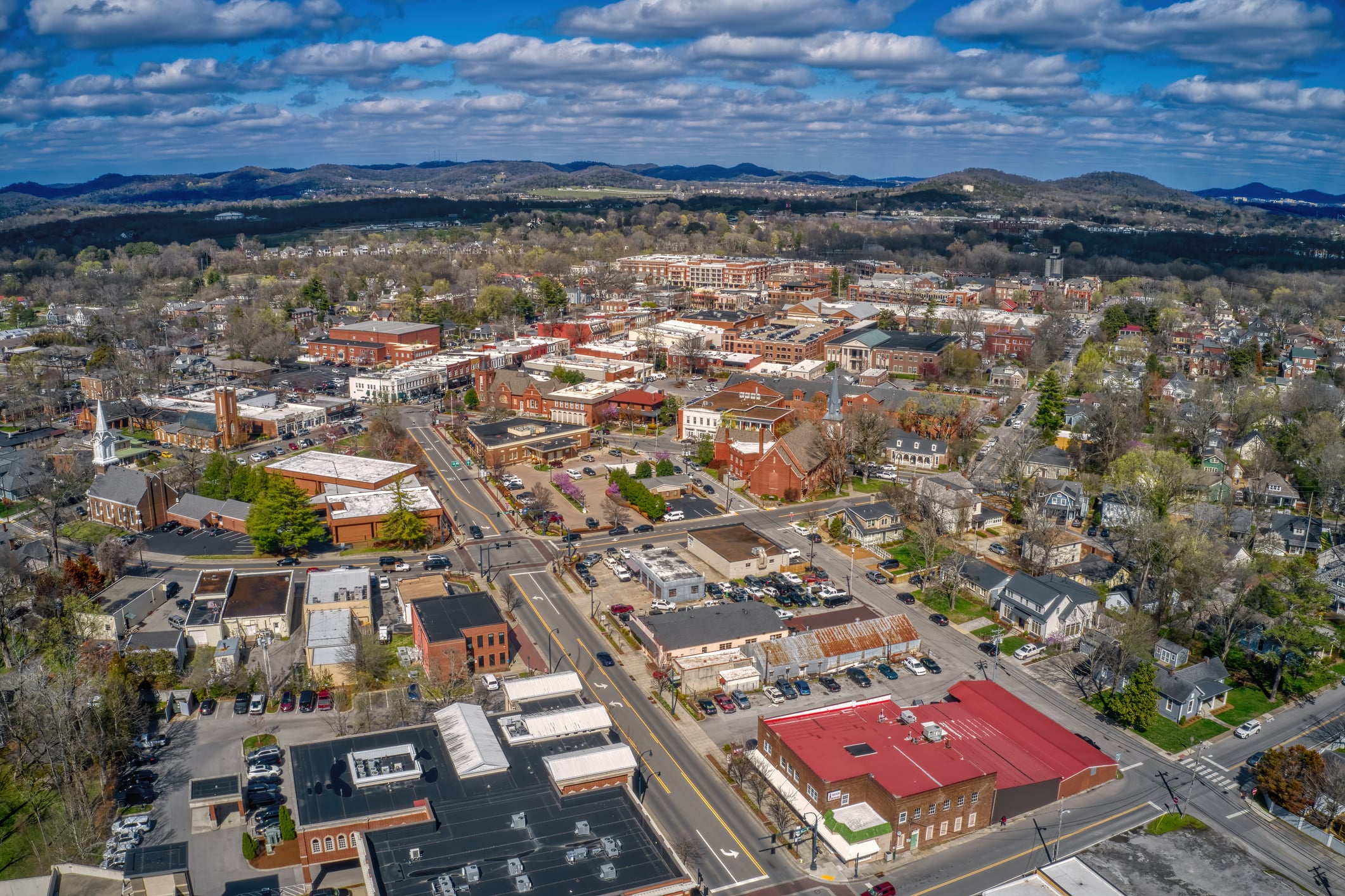 Aerial View of a city in Tennessee during Spring