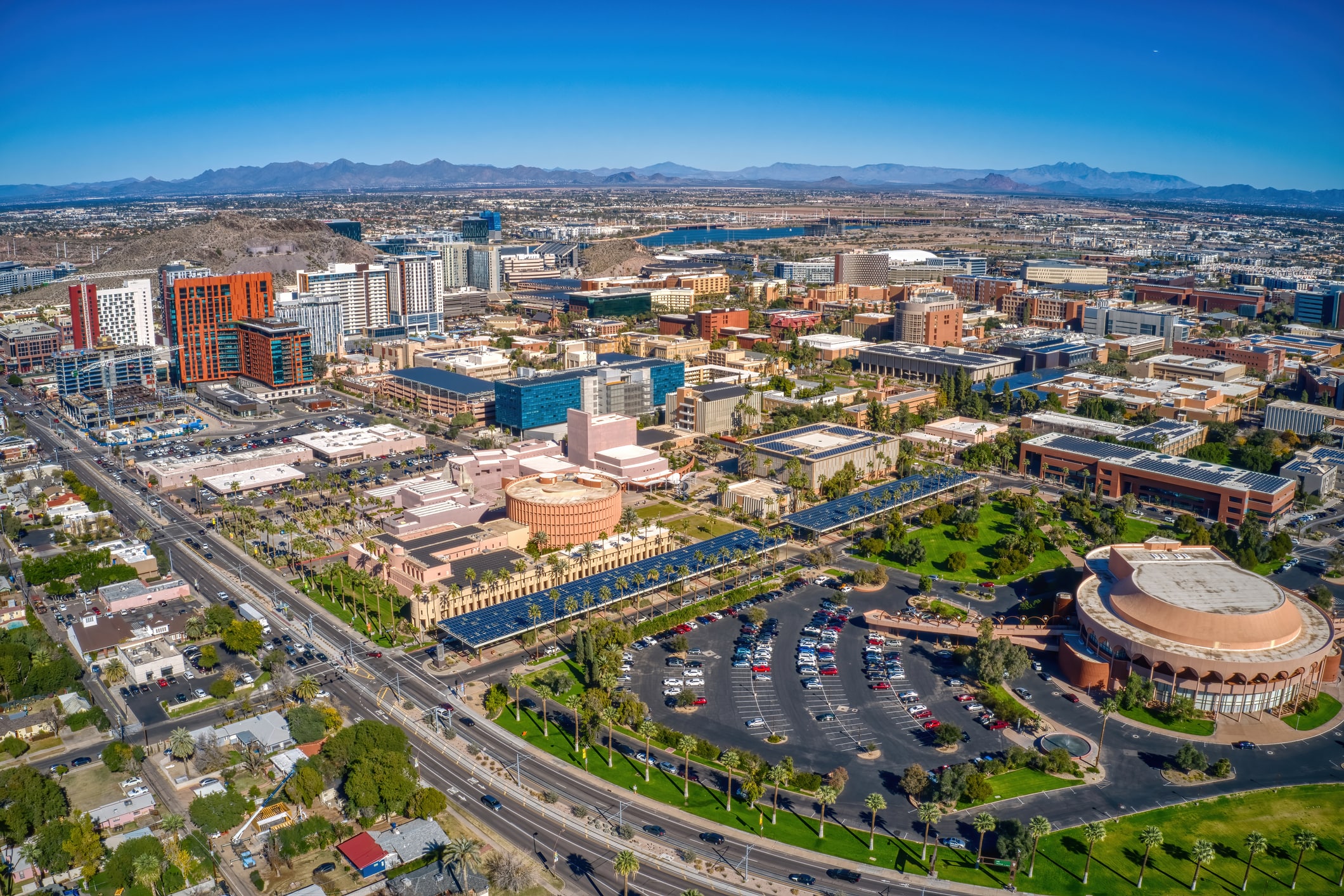 Aerial View of a large Public University in the Phoenix Suburb of Tempe, Arizona