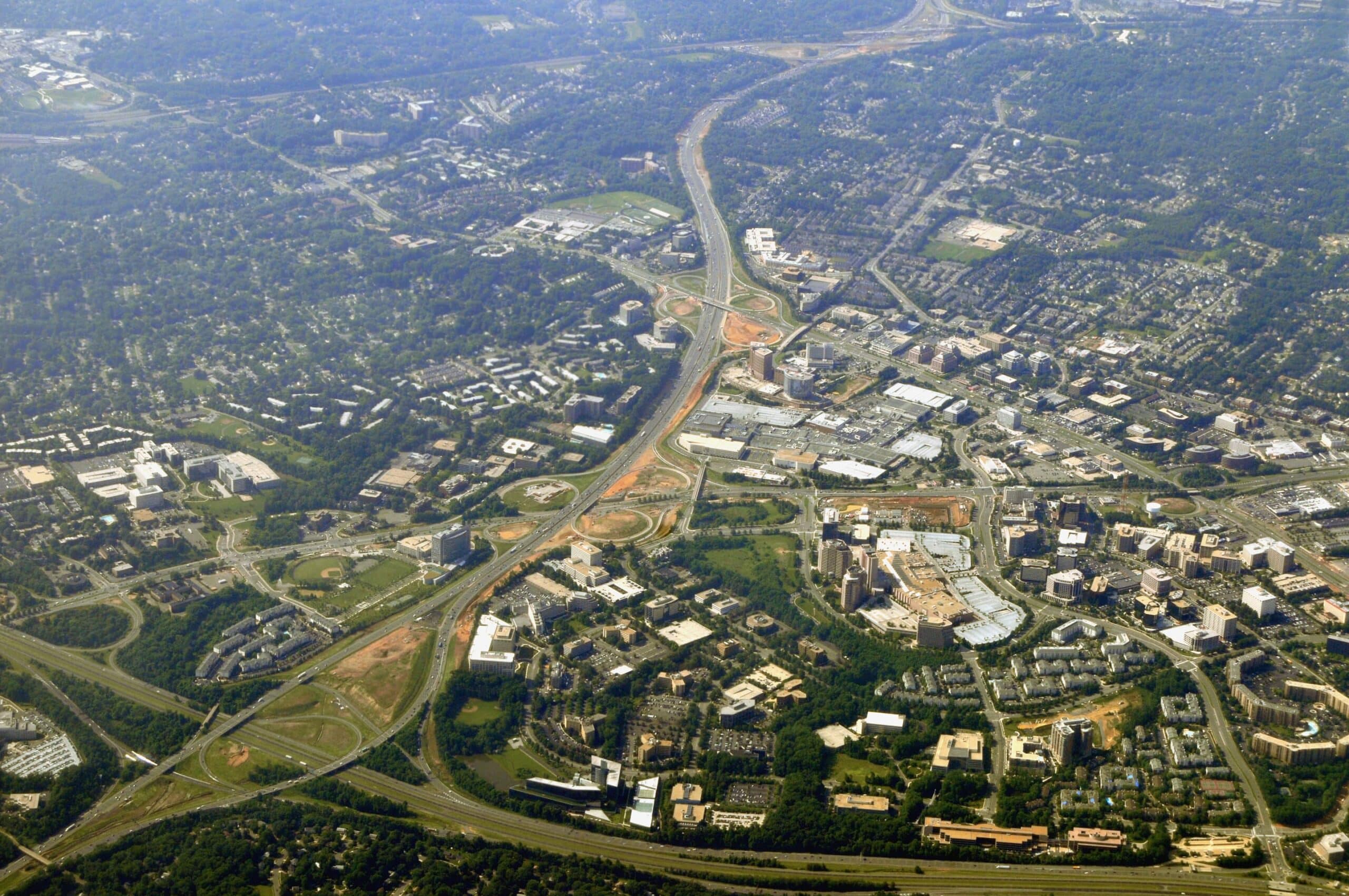 Aerial view of Tysons Corner, McLean, the commercial center of Northern Virginia in Fairfax County