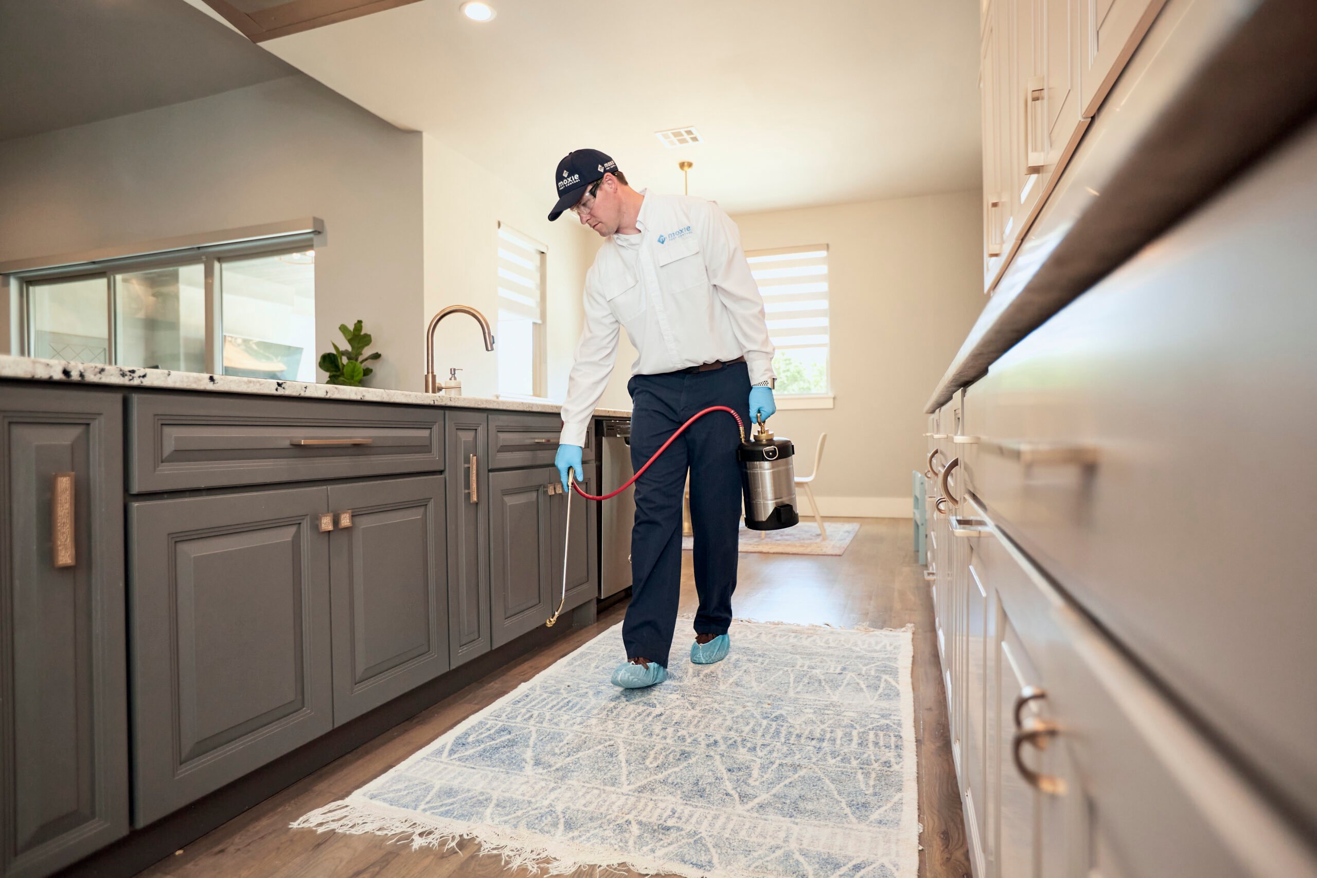 Moxie Pest Control Certified Field Expert applying product in a customer's home